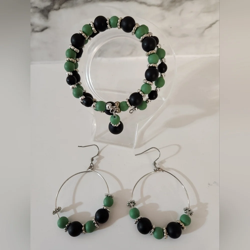 Hand Crafted Black and Green Beaded Jewelry Set Wrapped Bracelet Hoop Earrings